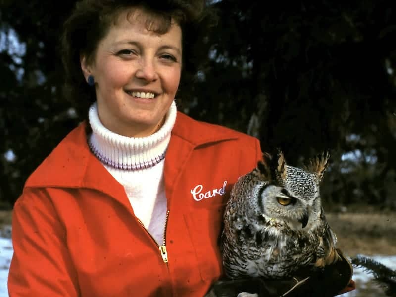 Woman in red jacket with owl
